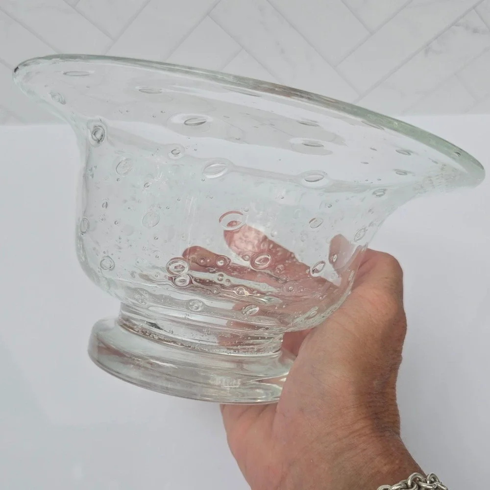 Hand Blown Clear Controlled Bubble Glass Pedestal Bowl Flared Centerpiece MCM